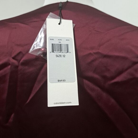 Calvin Klien Satin Puff Sleeve High Low Ruffled Hem Holiday Burgundy S 12 NWT - Picture 14 of 17